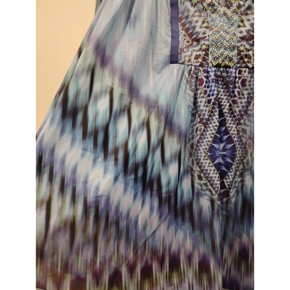 World Unity Top Blue Blouse SZ 1X Watercolor Rhinestone Artsy Boho Hippie Hi-Lo - Picture 5 of 8